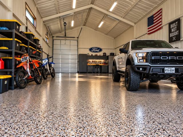 Flake polyaspartic coating on a finished garage floor