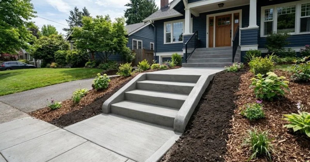 Stamped concrete pool deck with concrete steps and slip-resistant texture