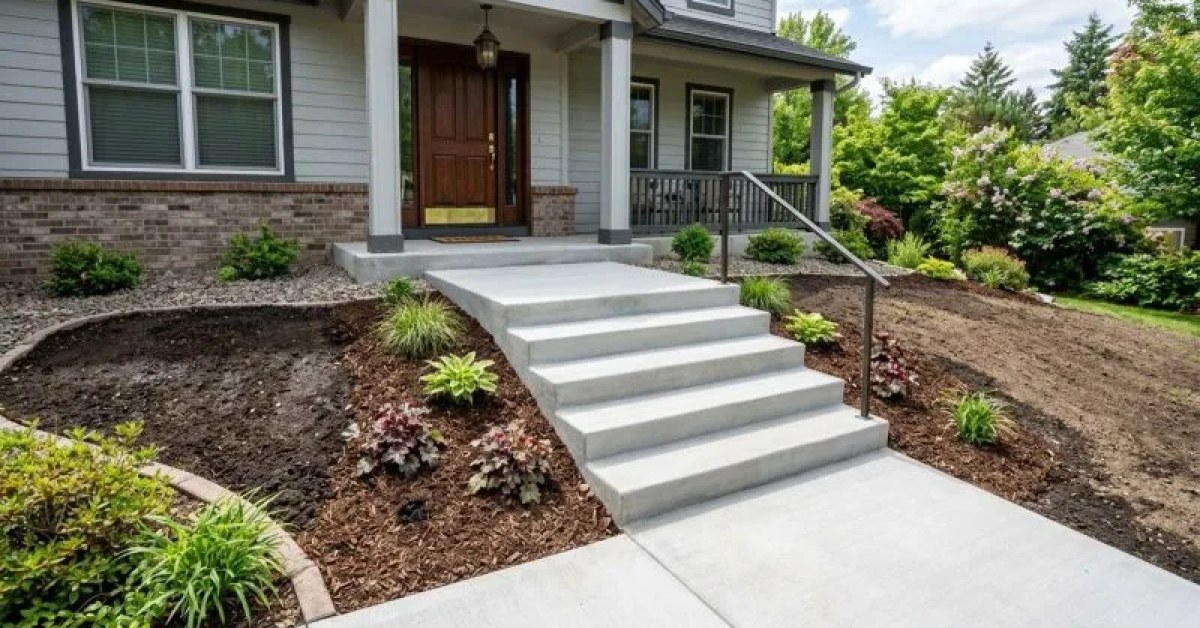 Stamped concrete pool deck with a low-angle view of finished concrete steps